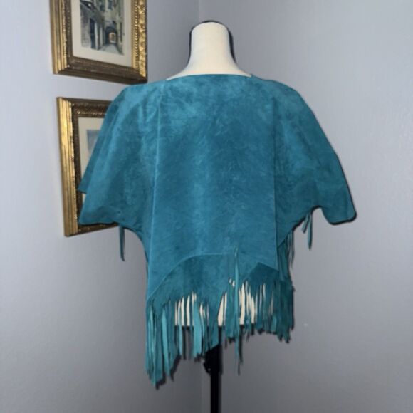 Vintage Western Teal Blue Suede Leather Fringe Shawl Cape Poncho Rodeo Hand made - Picture 2 of 16